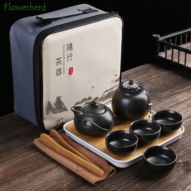Portable Ceramic Porcelain Travel Kung Fu Tea Set Teaware Tea Pot and Cup Set Tea Caddy Storage Bag One Teapot Four Teacup acacuss