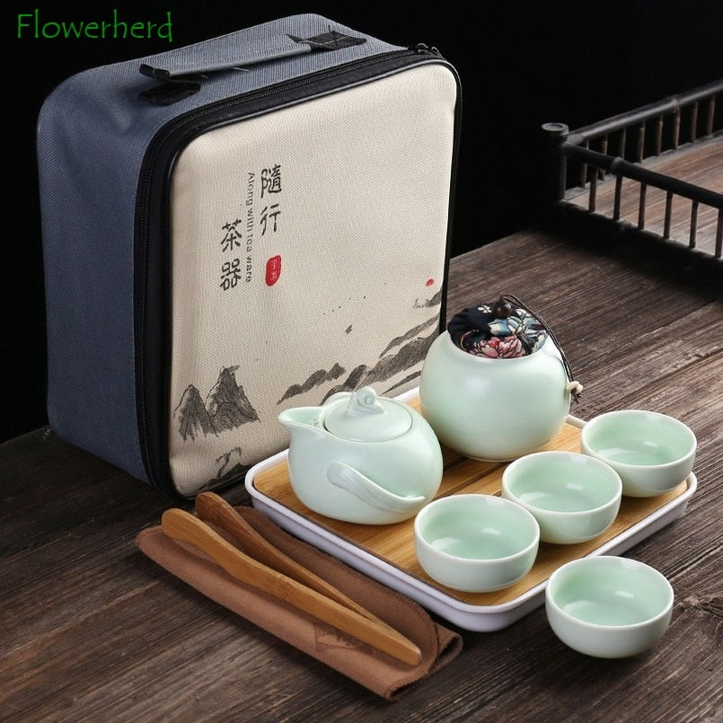 Portable Ceramic Porcelain Travel Kung Fu Tea Set Teaware Tea Pot and Cup Set Tea Caddy Storage Bag One Teapot Four Teacup acacuss