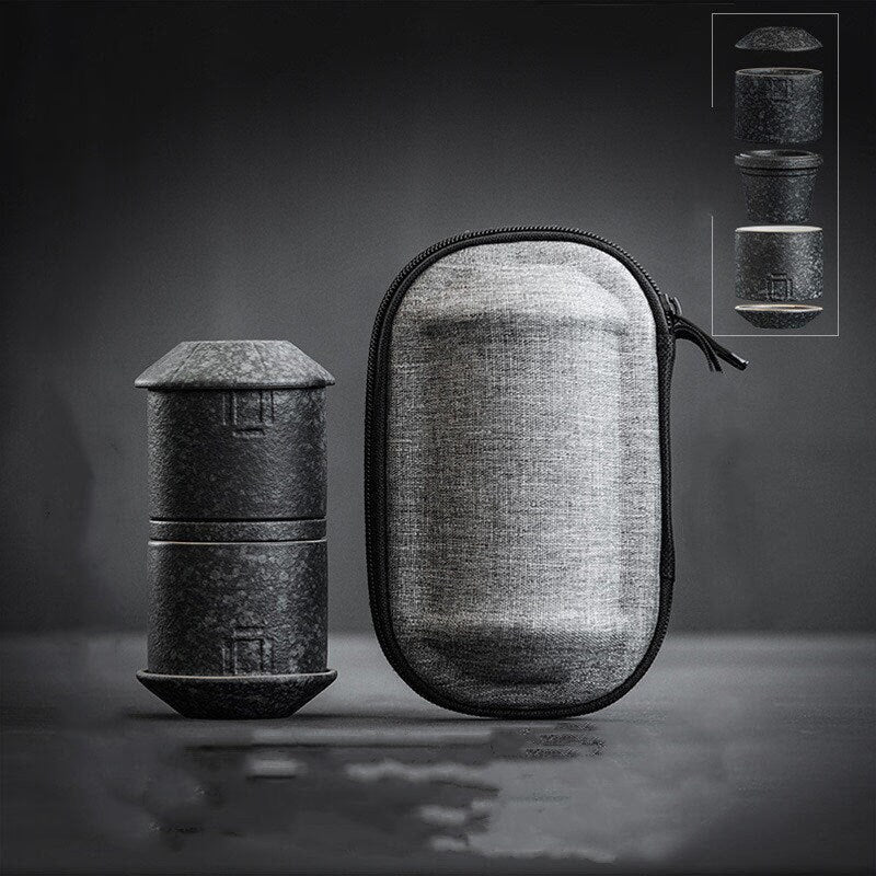 ACACUSS Portable Travel Tea Set | Black Stoneware 1 Tea Pot 2 Tea Cups | Office Drinkware | Handmade Tea Ceremony Accessories | quick guest - ACACUSS