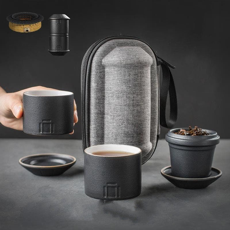 ACACUSS Portable Travel Tea Set | Black Stoneware 1 Tea Pot 2 Tea Cups | Office Drinkware | Handmade Tea Ceremony Accessories | quick guest - ACACUSS