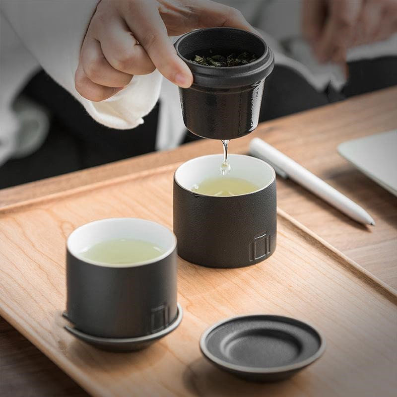 ACACUSS Portable Travel Tea Set | Black Stoneware 1 Tea Pot 2 Tea Cups | Office Drinkware | Handmade Tea Ceremony Accessories | quick guest - ACACUSS