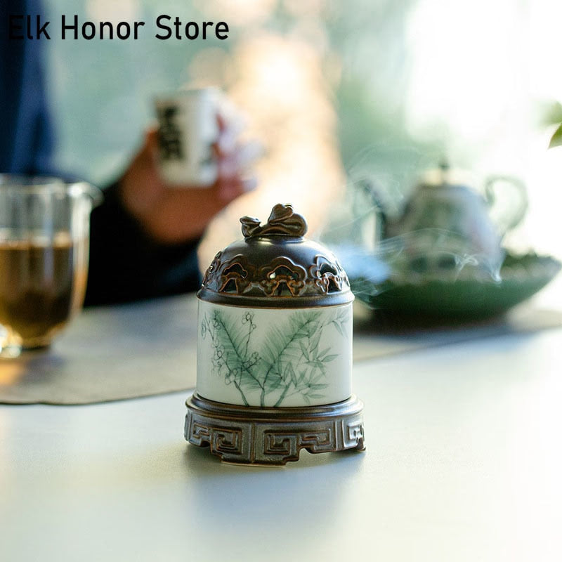 Pure Hand-painted Plum Bamboo Art Ruyi Ceramic Incense Burner Home Pine Agarwood Incense Box Indoor Sandalwood Furnace Ornaments acacuss
