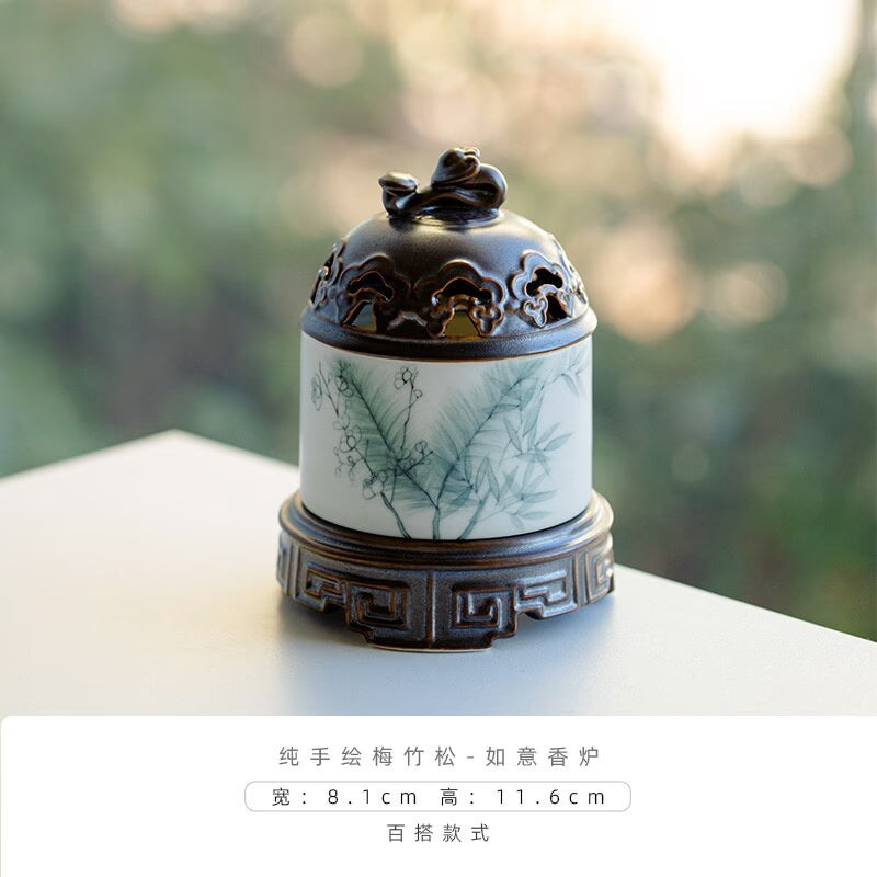 Pure Hand-painted Plum Bamboo Art Ruyi Ceramic Incense Burner Home Pine Agarwood Incense Box Indoor Sandalwood Furnace Ornaments acacuss