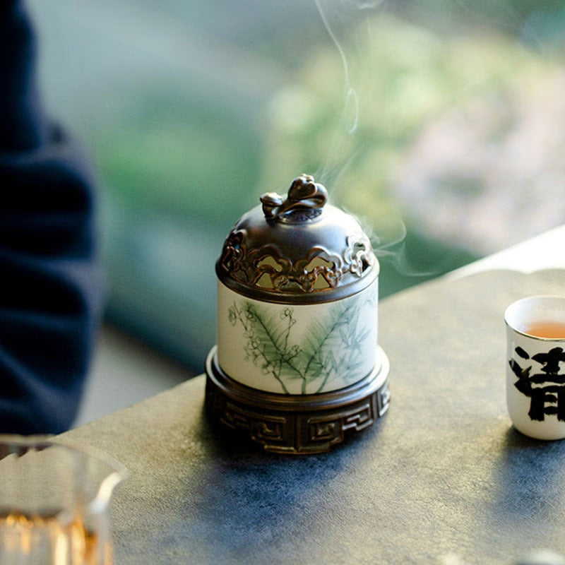 Pure Hand-painted Plum Bamboo Art Ruyi Ceramic Incense Burner Home Pine Agarwood Incense Box Indoor Sandalwood Furnace Ornaments acacuss