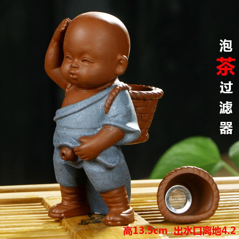 Purple Sand Tea Pet Ornaments Little Monk Ceramic Figures Tea Play Peeing Doll Tea Set Peeing Water Spray Accessories acacuss