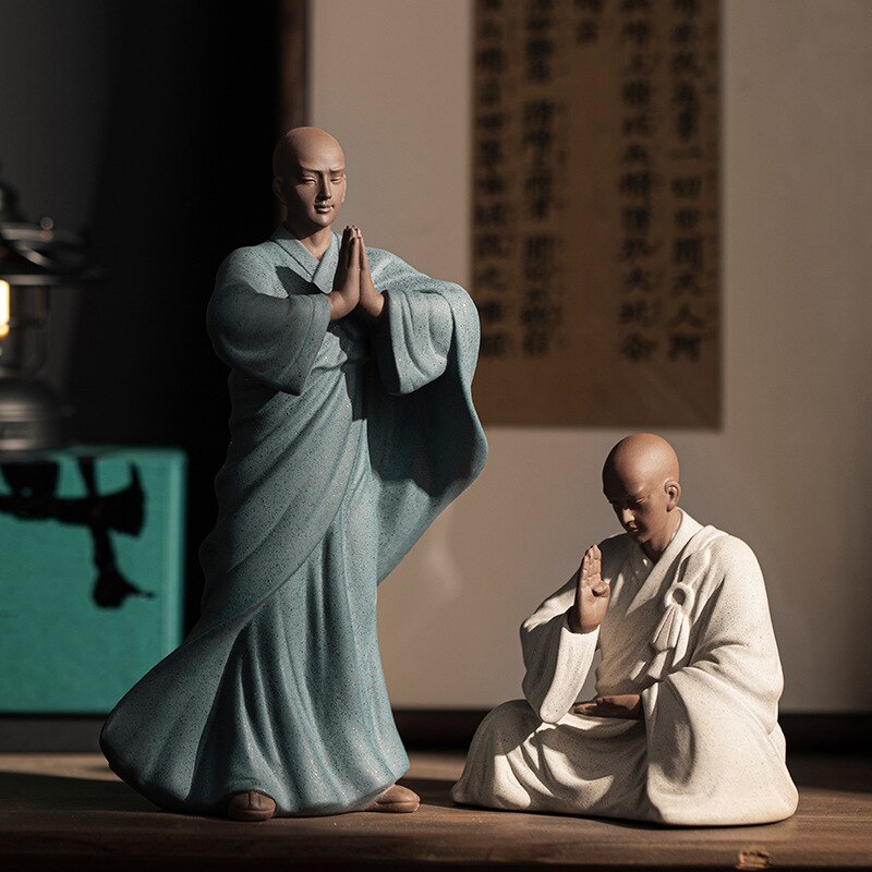 Purple Sand Zen Little Monk Buddhist Shami Meditation Sculpture Ceramic Figurines Tearoom Desktop Decoration Accessories Gift acacuss