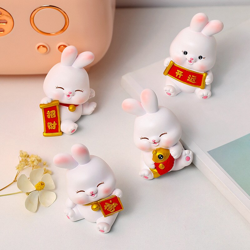 2023 Rabbit ornament Chinese New Year Kawaii Desktop Ornament Creative Resin Cake Decoration Children's Rabbit Zodiac Gift Give acacuss