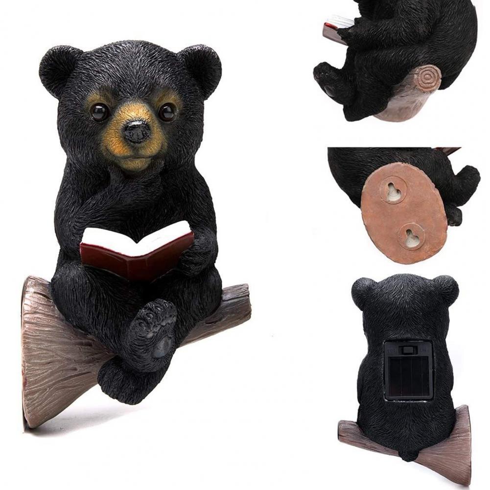 Reading Bear Ornament Solar Charging Light Control Baby Bear Reading Book Resin Garden Yard Statue Ornaments Outdoor Decor acacuss