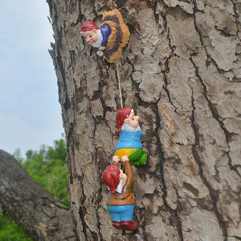 Resin Climbing Gnome Sculpture White Beard Dwarf Art Statue Courtyard Landscape Figurines Garden Tree Decoration Elf Pendant acacuss
