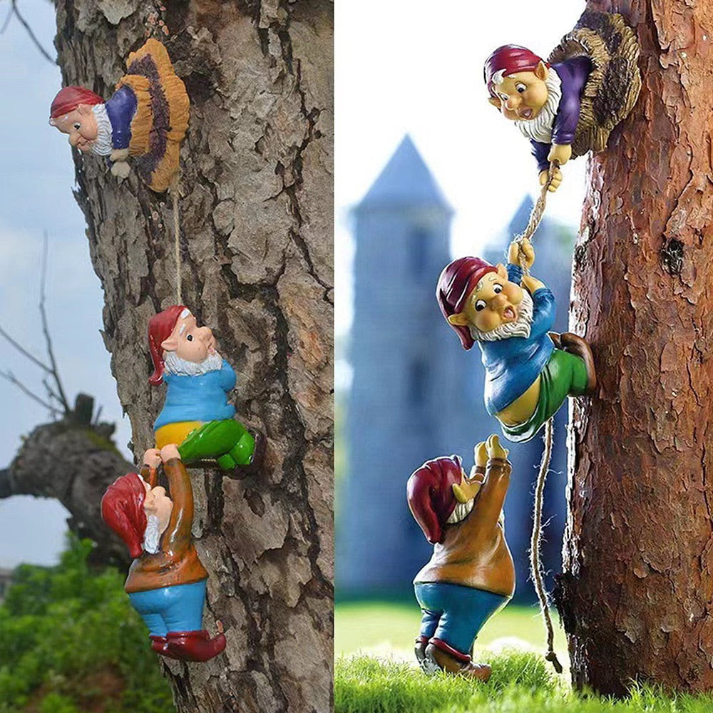 Resin Climbing Gnome Sculpture White Beard Dwarf Art Statue Courtyard Landscape Figurines Garden Tree Decoration Elf Pendant acacuss