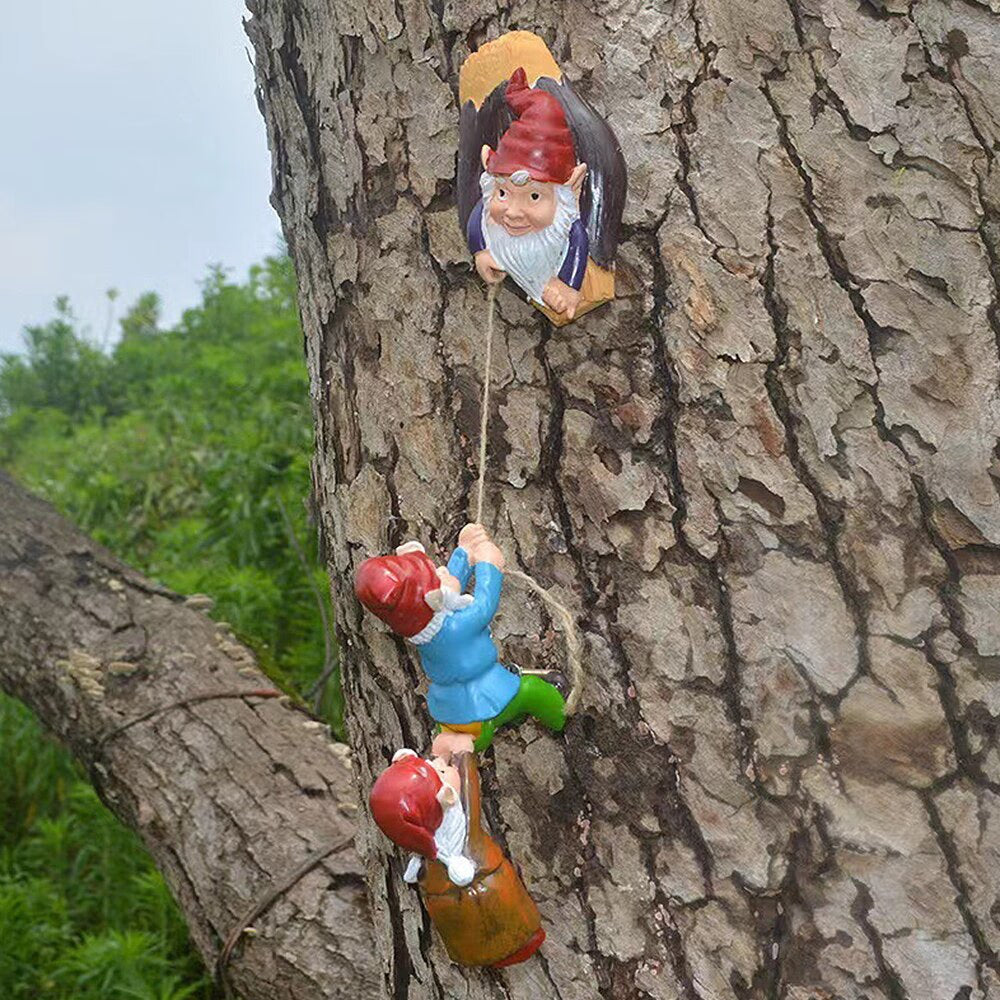 Resin Climbing Gnome Sculpture White Beard Dwarf Art Statue Courtyard Landscape Figurines Garden Tree Decoration Elf Pendant acacuss