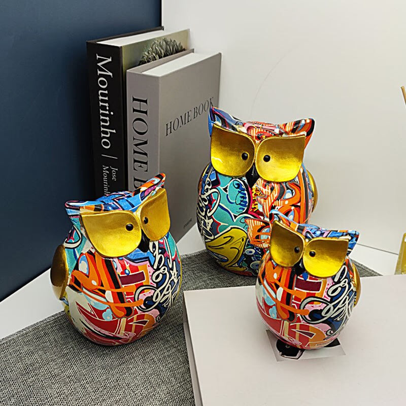 Resin Cute Owl Statues Graffiti Animal Figurines for Interior Balcony Office Ornaments Living Room Desktop Decoration Home Decor acacuss