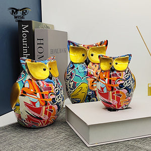 Resin Cute Owl Statues Graffiti Animal Figurines for Interior Balcony Office Ornaments Living Room Desktop Decoration Home Decor acacuss