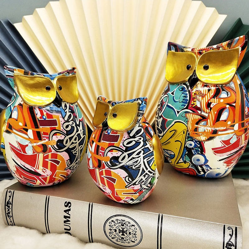 Resin Cute Owl Statues Graffiti Animal Figurines for Interior Balcony Office Ornaments Living Room Desktop Decoration Home Decor acacuss