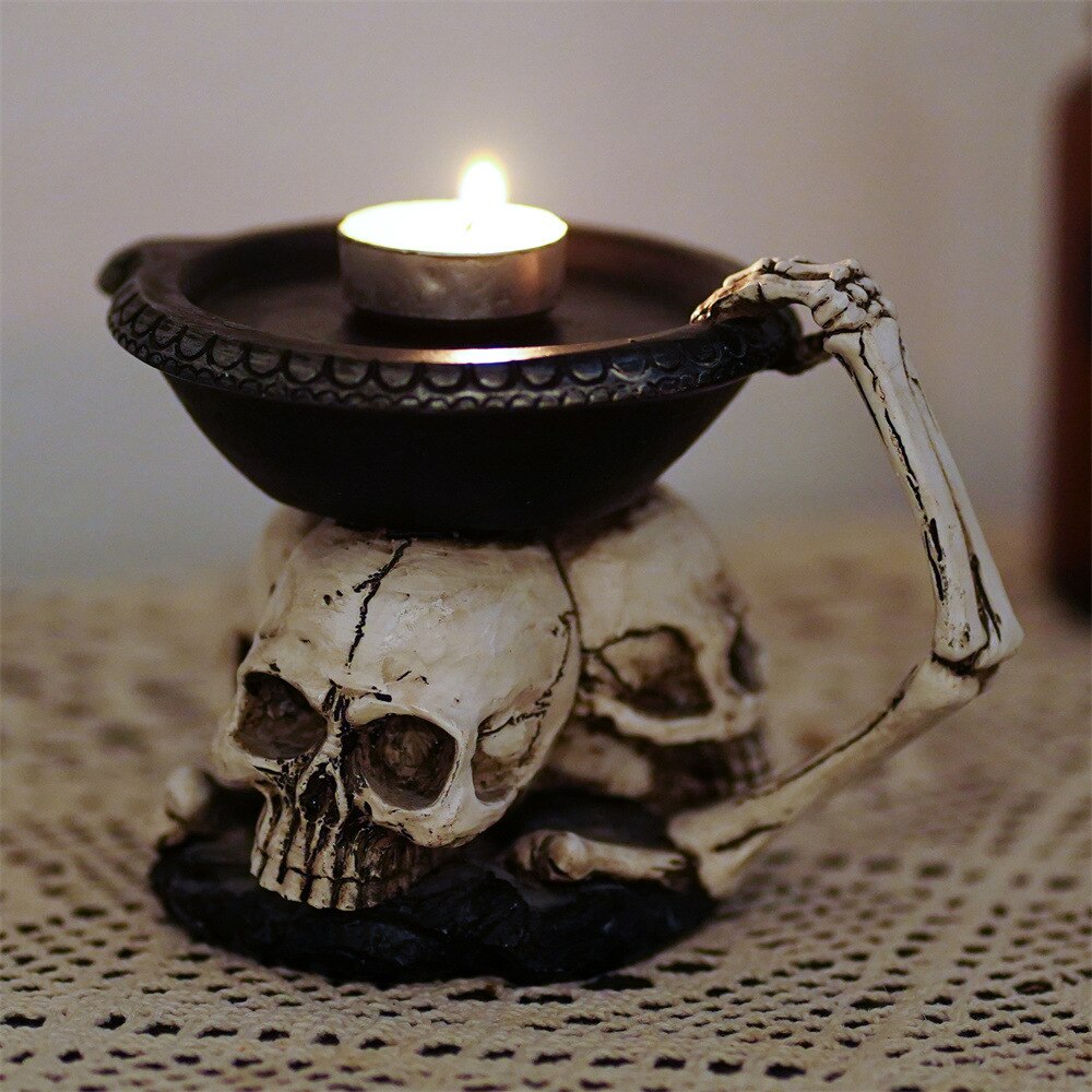 Resin Skull Candlesticks Skull Ornaments Resin Holder Candle Halloween Resin Skull Candle Holder Halloween Dining Table Decor acacuss