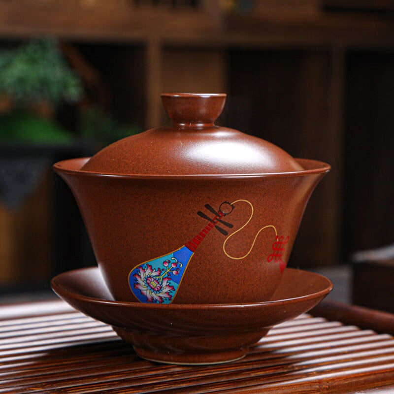 Retro Ceramic Gaiwan Wood-fired Ancient Pottery Tea Bowl Pipa Deer Pattern Tea Cup Kungfu Teaware Kitchen Drinking Tool 190ml acacuss