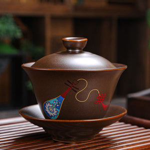 Retro Ceramic Gaiwan Wood-fired Ancient Pottery Tea Bowl Pipa Deer Pattern Tea Cup Kungfu Teaware Kitchen Drinking Tool 190ml acacuss