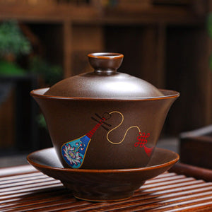 Retro Ceramic Gaiwan Wood-fired Ancient Pottery Tea Bowl Pipa Deer Pattern Tea Cup Kungfu Teaware Kitchen Drinking Tool 190ml acacuss