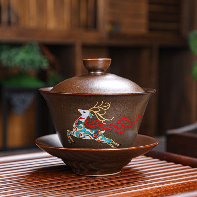 Retro Ceramic Gaiwan Wood-fired Ancient Pottery Tea Bowl Pipa Deer Pattern Tea Cup Kungfu Teaware Kitchen Drinking Tool 190ml acacuss