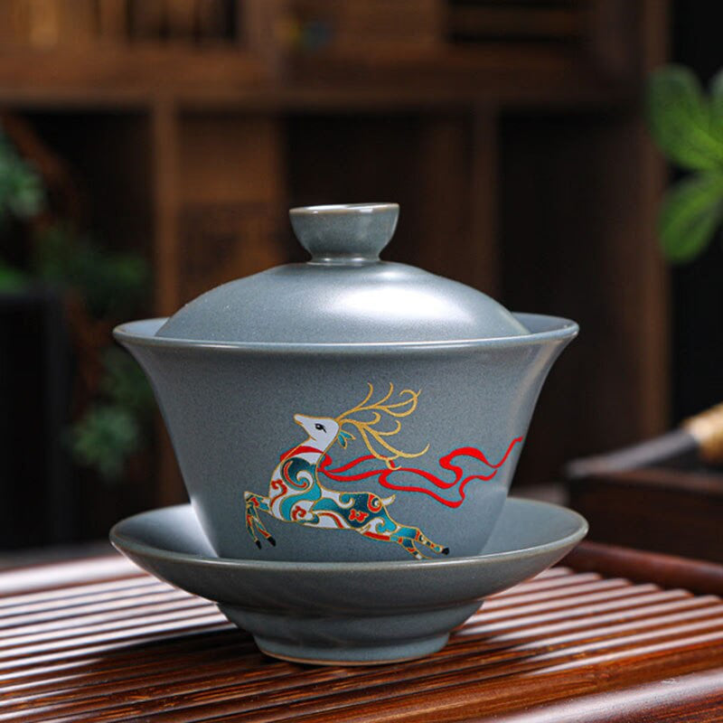 Retro Ceramic Gaiwan Wood-fired Ancient Pottery Tea Bowl Pipa Deer Pattern Tea Cup Kungfu Teaware Kitchen Drinking Tool 190ml acacuss