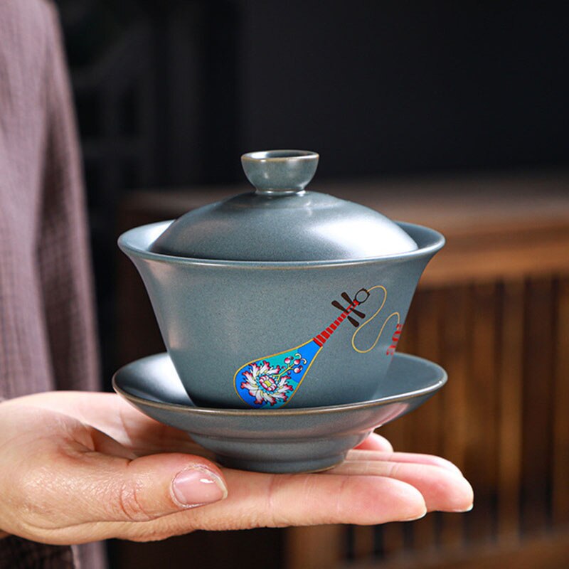 Retro Ceramic Gaiwan Wood-fired Ancient Pottery Tea Bowl Pipa Deer Pattern Tea Cup Kungfu Teaware Kitchen Drinking Tool 190ml acacuss