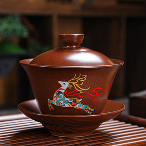 Retro Ceramic Gaiwan Wood-fired Ancient Pottery Tea Bowl Pipa Deer Pattern Tea Cup Kungfu Teaware Kitchen Drinking Tool 190ml acacuss