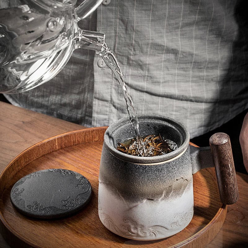 Retro  Coffee Mug Cups Tea water separation filter tea cup with lid  Chinese  Teacup Teaware Water Cup Wooden Handle Business Gift - ACACUSS