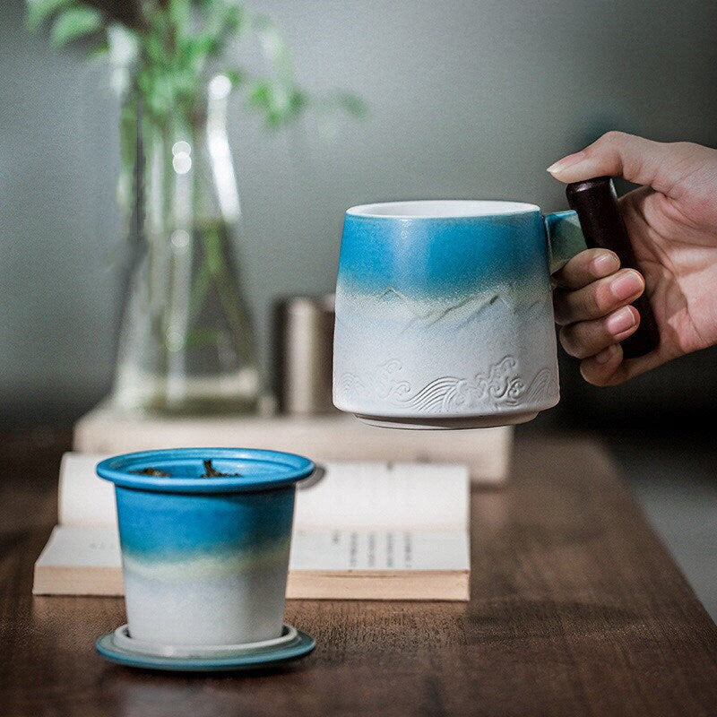 Retro  Coffee Mug Cups Tea water separation filter tea cup with lid  Chinese  Teacup Teaware Water Cup Wooden Handle Business Gift - ACACUSS