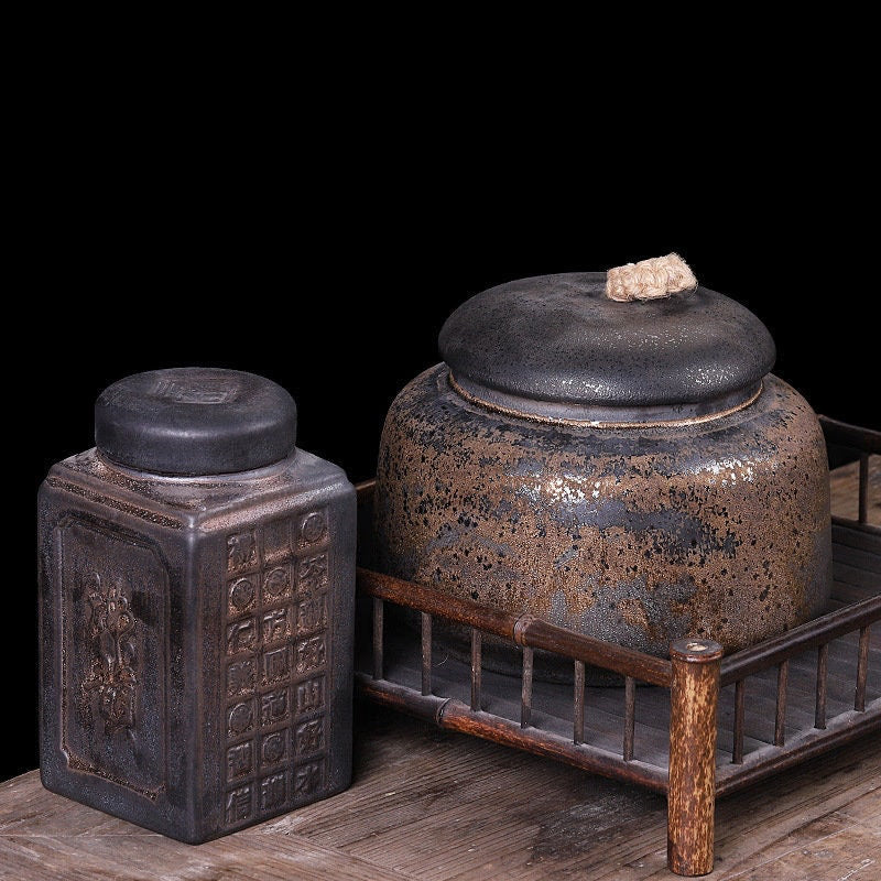 ACACUSS Ceramic Tea Caddy Retro Gilt Sealed Household Moisture-proof | Gong Fu Can | Candy Can | Handmade Tea Ceremony Accessories - ACACUSS