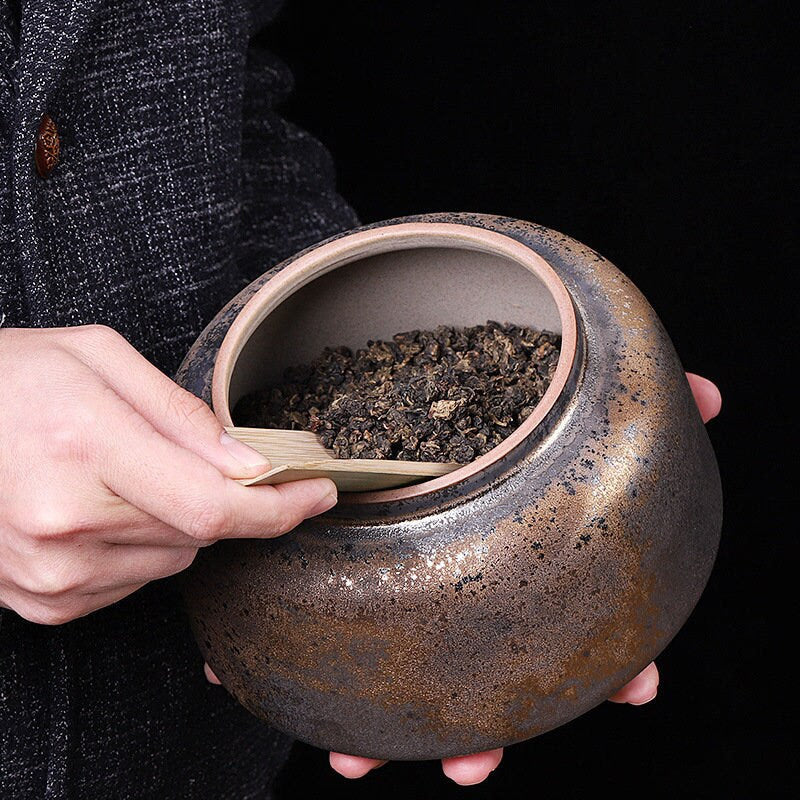 ACACUSS Ceramic Tea Caddy Retro Gilt Sealed Household Moisture-proof | Gong Fu Can | Candy Can | Handmade Tea Ceremony Accessories - ACACUSS