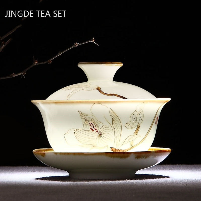 Retro Hand Painted Flower Pattern Ceramic Gaiwan Teacup Handmade Tea Tureen Bowl Chinese Porcelain Teaware Drinkware 120ml acacuss