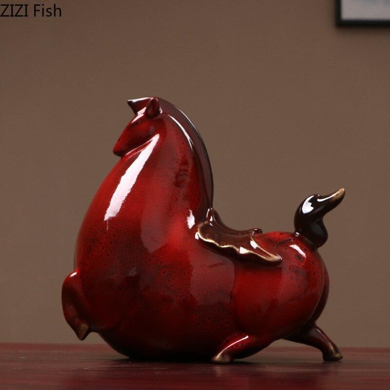 Retro Red Horse Porcelain Statue Desk Ornaments Horse Ceramic Sculpture Living Room Decoration Crafts Vintage Home Decor acacuss