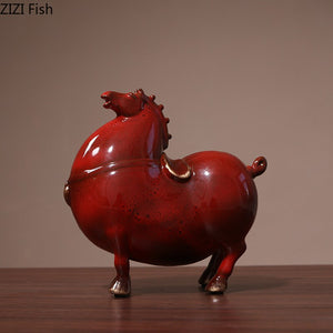 Retro Red Horse Porcelain Statue Desk Ornaments Horse Ceramic Sculpture Living Room Decoration Crafts Vintage Home Decor acacuss
