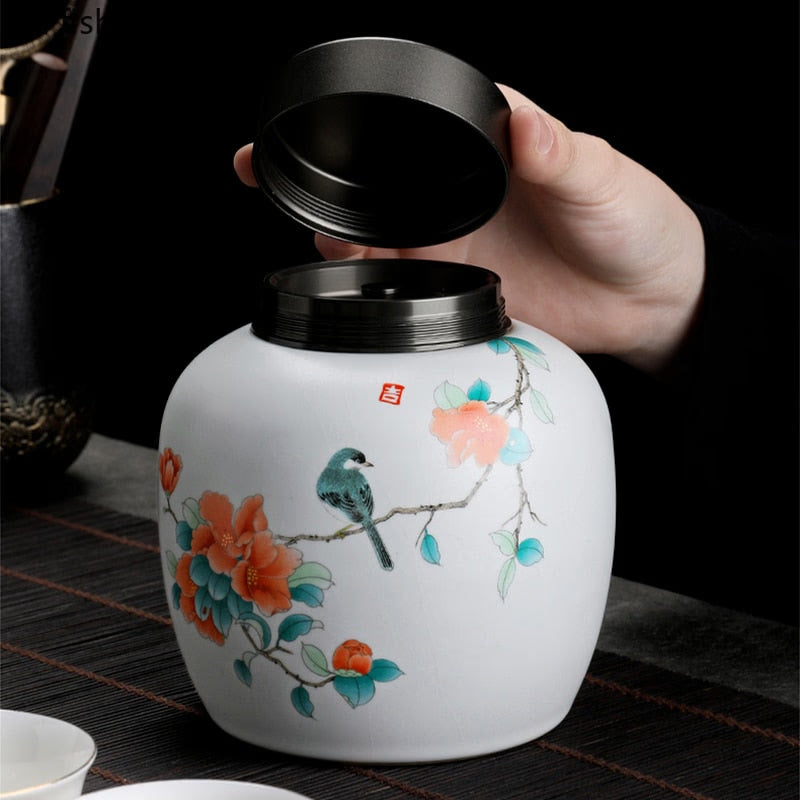 Rhododendron Bird Ceramic Tea Caddy Metal/wood Cover Sealed Jar Storage Tank Tea Container Food Storage Box Decoration Candy Jar acacuss