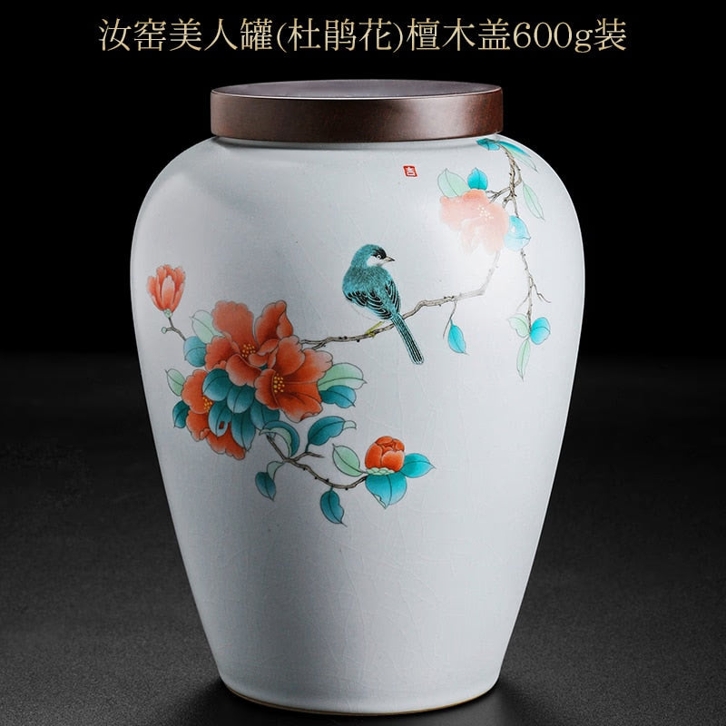 Rhododendron Bird Ceramic Tea Caddy Metal/wood Cover Sealed Jar Storage Tank Tea Container Food Storage Box Decoration Candy Jar acacuss