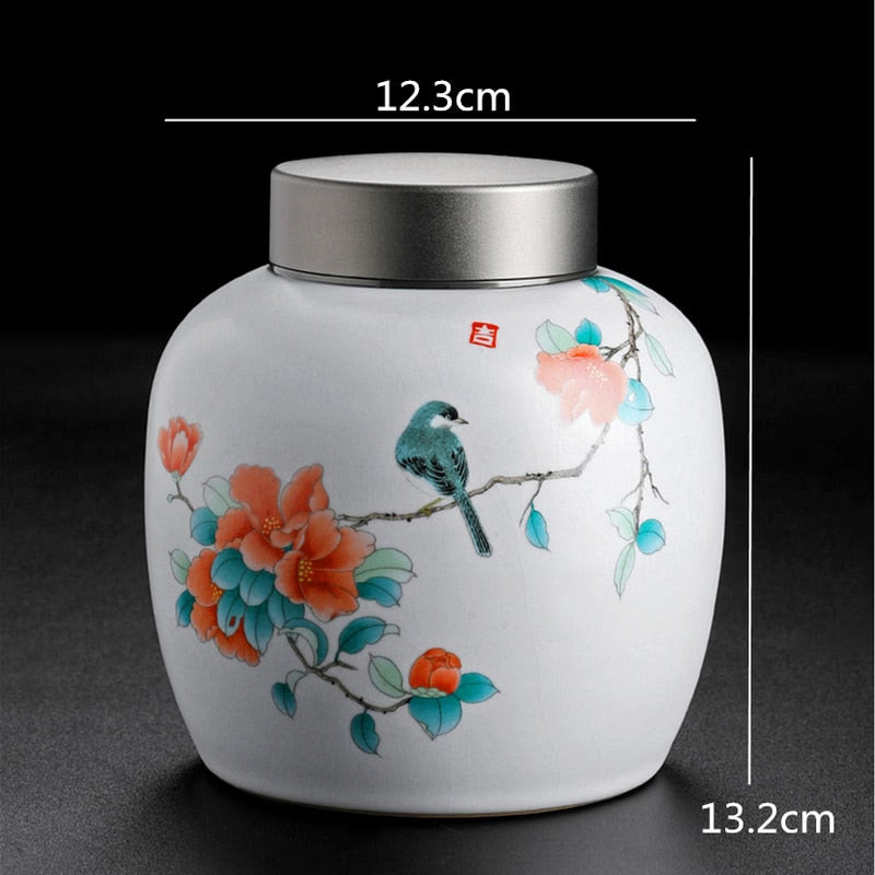 Rhododendron Bird Ceramic Tea Caddy Metal/wood Cover Sealed Jar Storage Tank Tea Container Food Storage Box Decoration Candy Jar acacuss