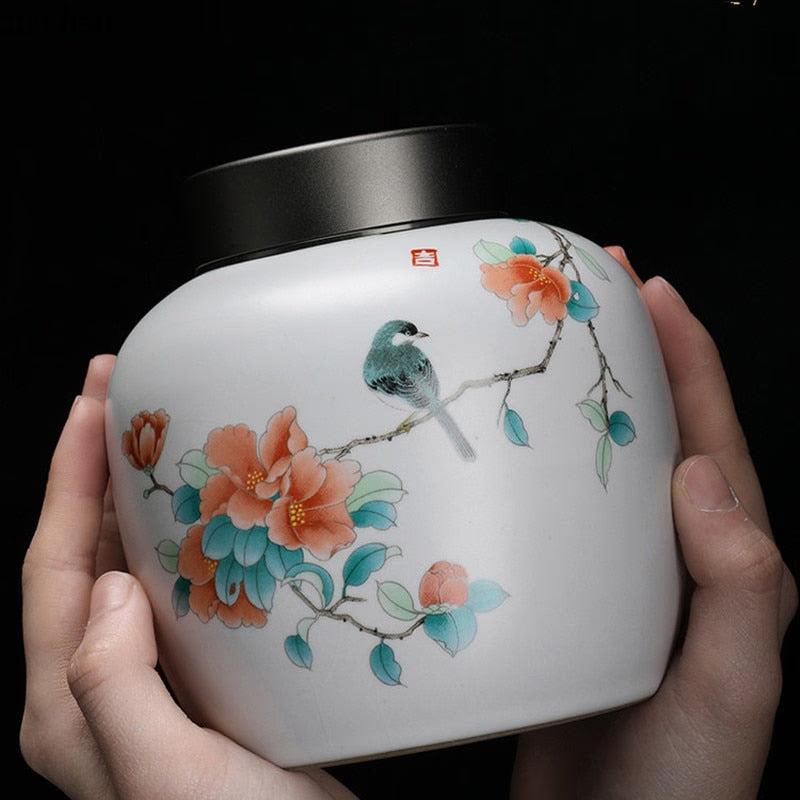 Rhododendron Bird Ceramic Tea Caddy Metal/wood Cover Sealed Jar Storage Tank Tea Container Food Storage Box Decoration Candy Jar acacuss