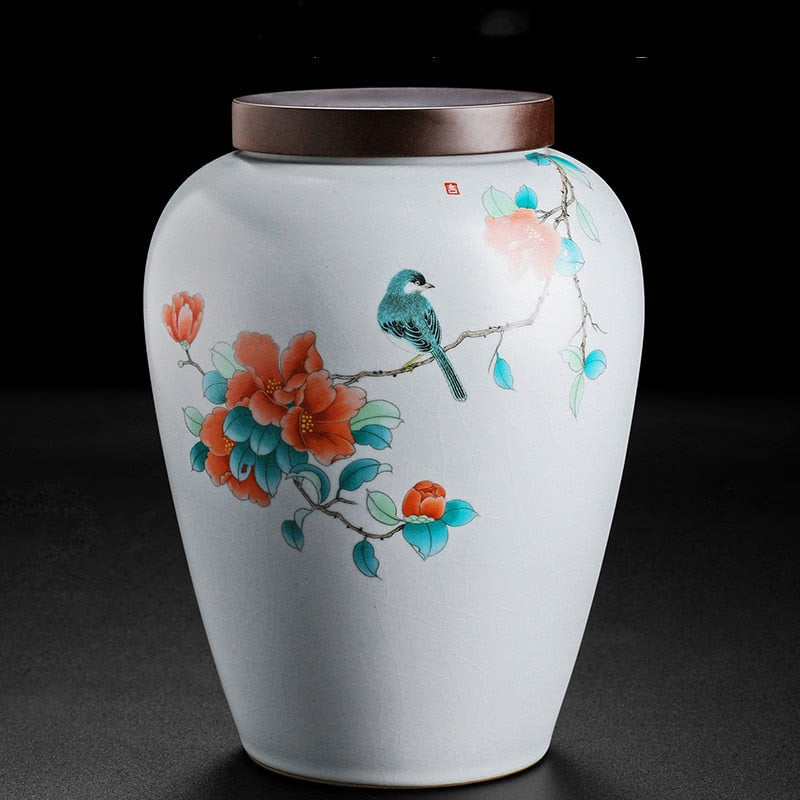 Rhododendron Bird Ceramic Tea Caddy Metal/wood Cover Sealed Jar Storage Tank Tea Container Food Storage Box Decoration Candy Jar acacuss