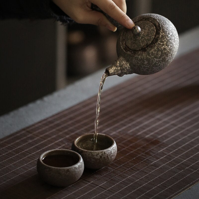 Rust-glazed ceramic teapot with 2 teacups and holder chinese teaset japanese tea set drinkware acacuss