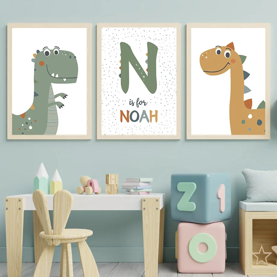 Jurassic Period Dinosaur Custom Baby Name Wall Art Canvas Painting Nordic Dino Posters And Prints  Pictures Kids Room Decor Gift