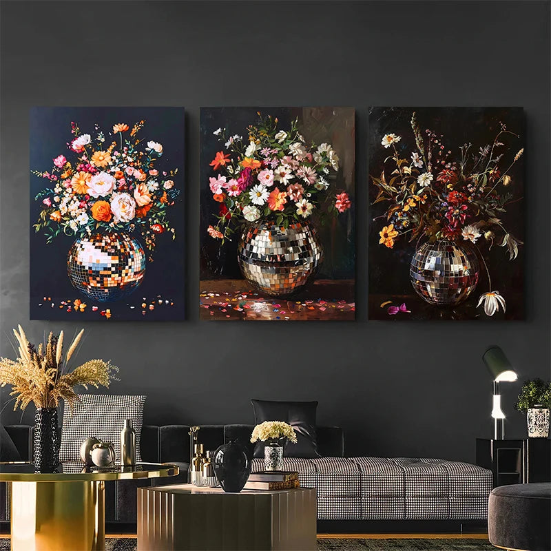 Retro Abstract Oil Painting Disco Sequin Crystal Ball Flower Potted Plant Poster Canvas Prints Art For Home Room Wall Decoration