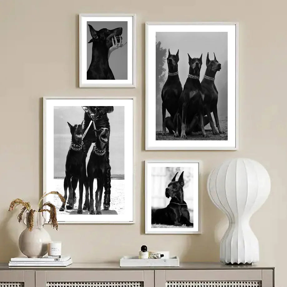 Modern Black White Doberman Gun Posters Luxury Car Fashion Girl Dog Wall Art Canvas Painting Pictures for Living Room Home Decor