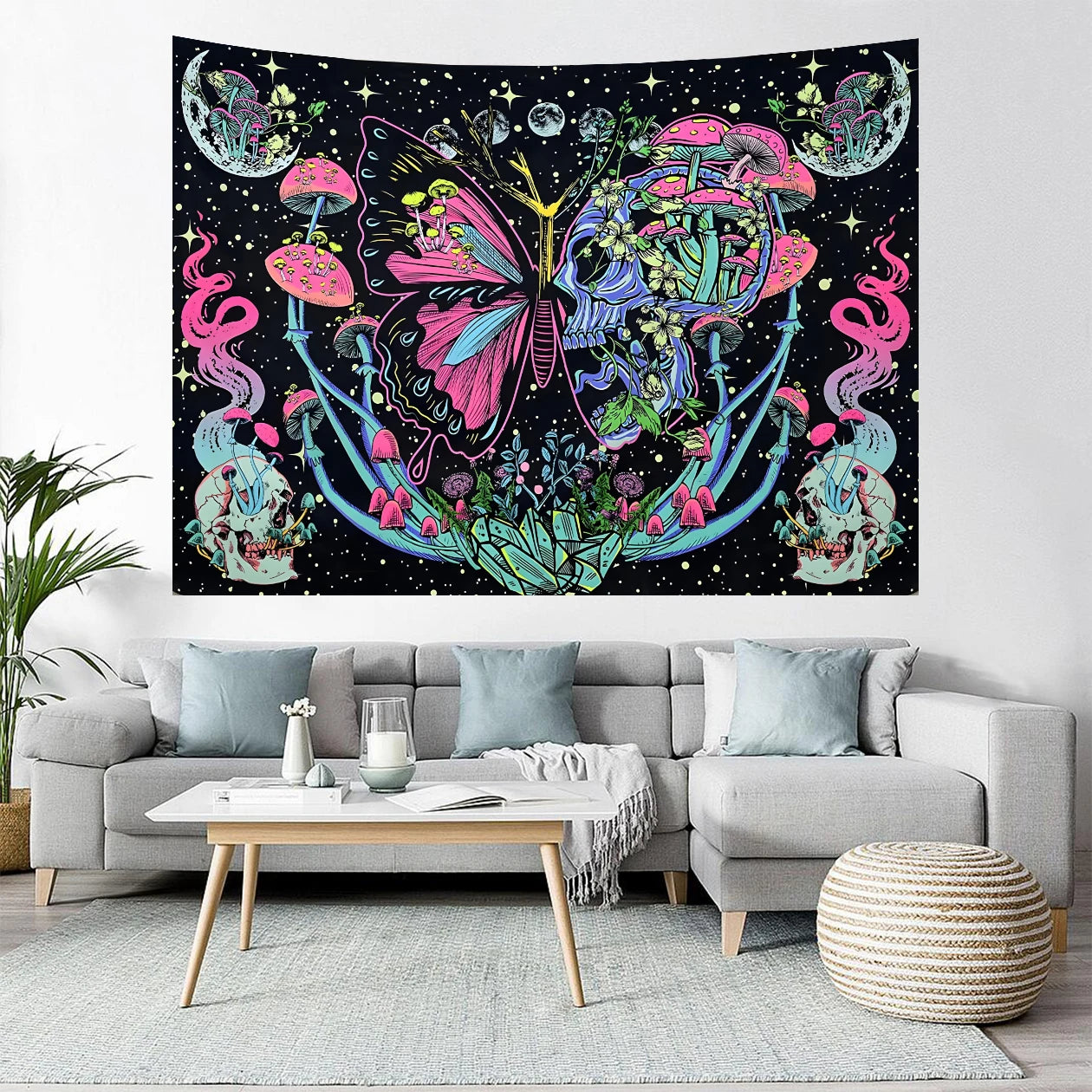 Skeleton Butterfly Blacklight Tapestry UV Reactive Skull Mushroom Moon Black Light Tapestrys Home Decor Wall Decoration Posters