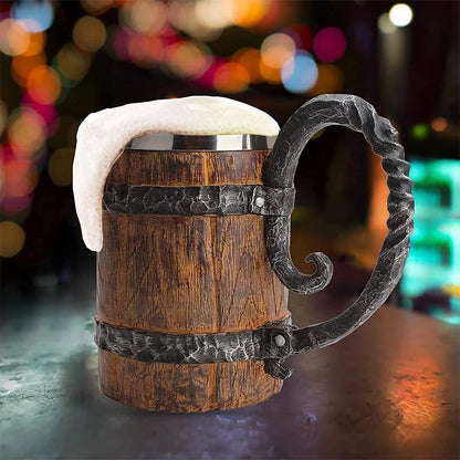 LMETJMA 550ML Handmade Wooden Barrel Beer Mug Bucket Shaped Tankard Cup Stainless Steel Vintage Coffee Mug Tea Cup JT15