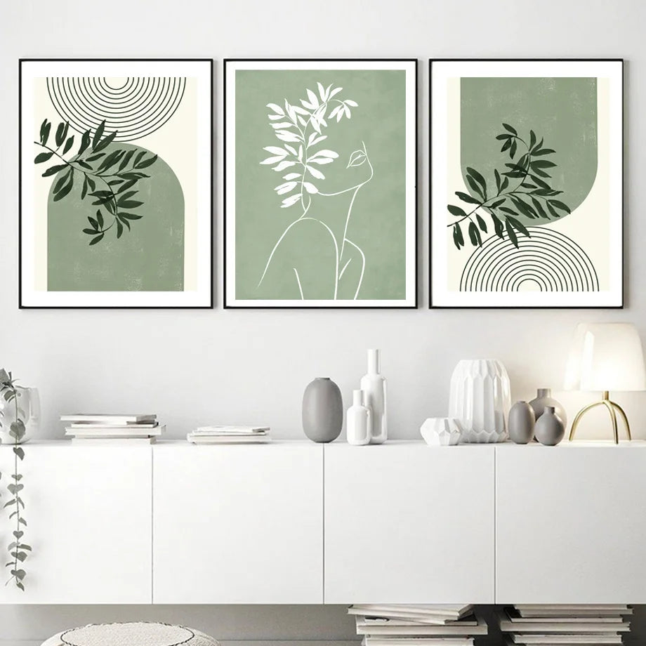 Bohemia Green Lines Girl Rainbow Leaf Flower Abstract Posters And Prints Wall Art Canvas Painting Pictures for Living Room Decor