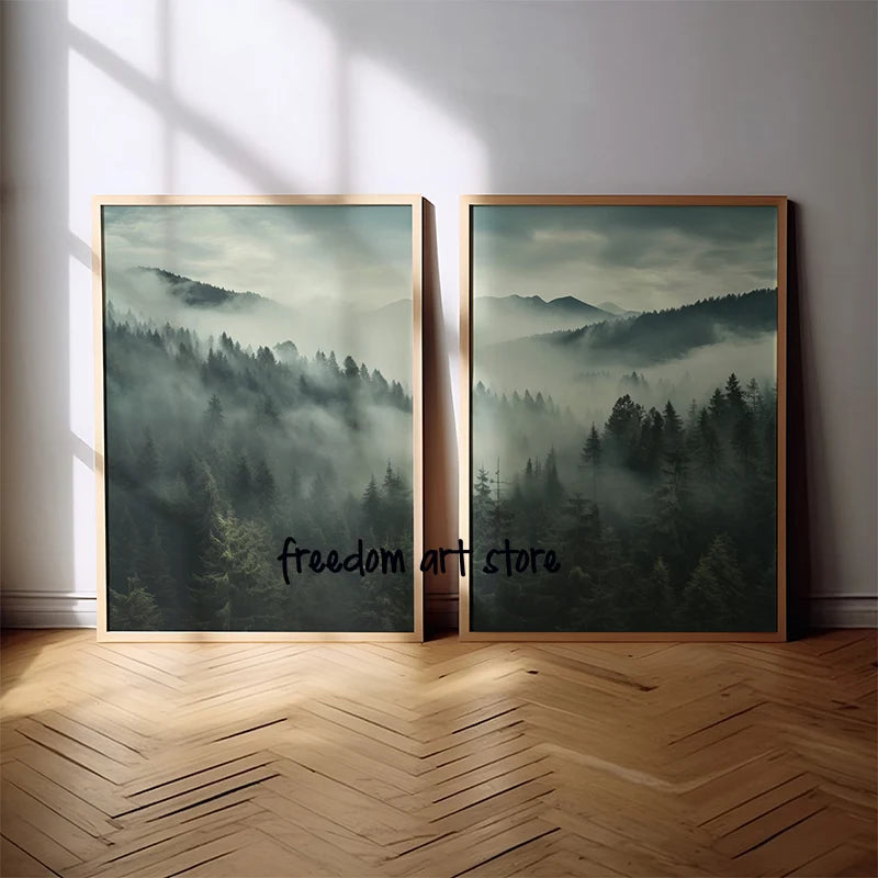Misty Forest and Mountain Foggy Nature Landscape Art Poster Canvas Painting Wall Prints Picture for Living Room Home Decor