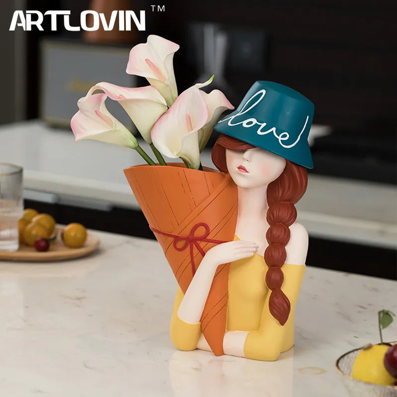 Modern Home Decorative Vase Multicolor Long Braided Girl Bust Sculptures Living Room Decor Figurines Stylish Makeup Brush Holder