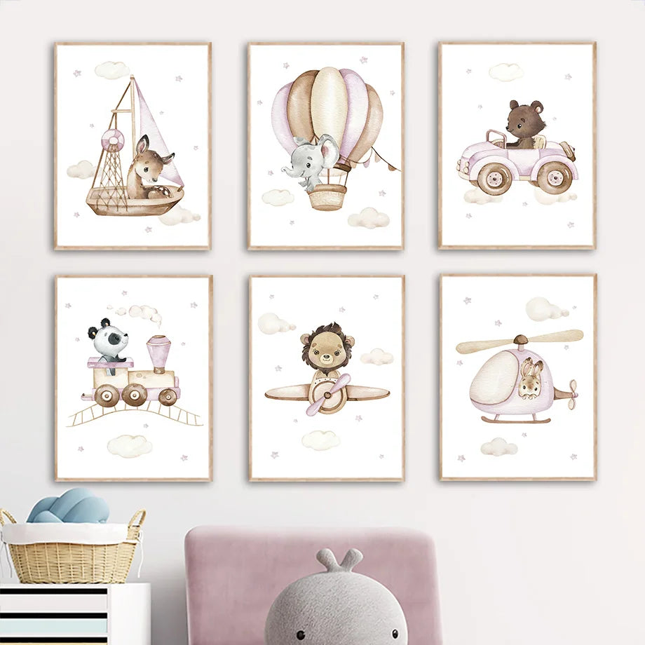 Boho Lion Giraffe Elephant Panda Balloon Wall Art Canvas Prints Painting Cartoon Pictures Kids Room Decor Nordic Nursery Posters