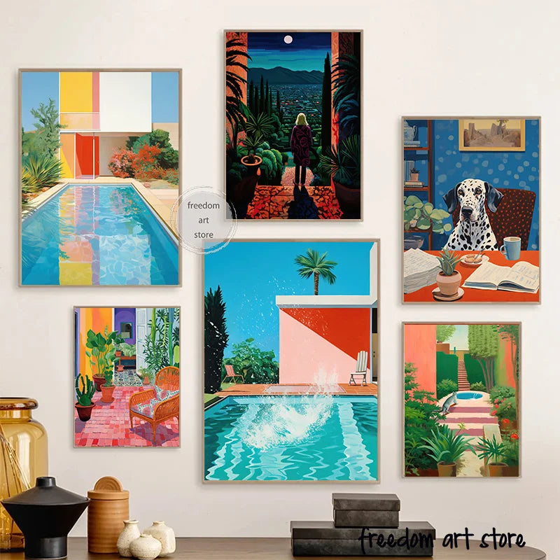 Vintage David Hockney Style 80s Illustration Swimming Pool Dog Cat Art Poster Canvas Painting Wall Art Prints Picture Home Decor