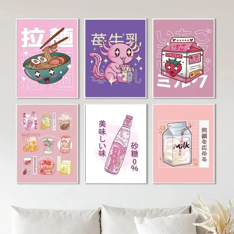 Colourful Light Colours Buttermilk Wall Art Ramen Milk Cute Cartoon Japanese Canvas Painting Pink Purple Kitchen Gallery Poster